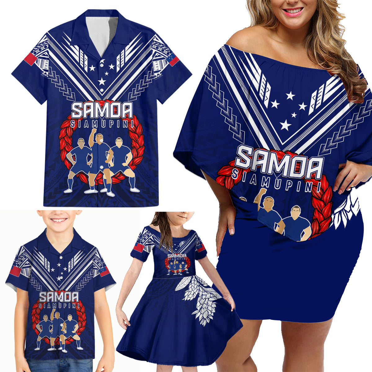 Personalised Samoa Rugby Family Matching Off Shoulder Short Dress and Hawaiian Shirt World Cup 2023 Siamupini Siva Tau LT7 - Wonder Print Shop