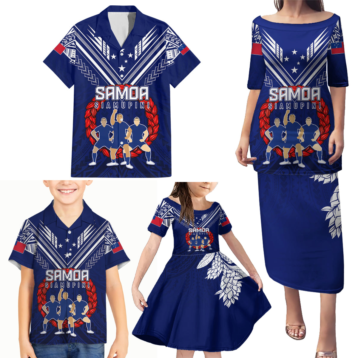 Personalised Samoa Rugby Family Matching Puletasi Dress and Hawaiian Shirt World Cup 2023 Siamupini Siva Tau - Wonder Print Shop