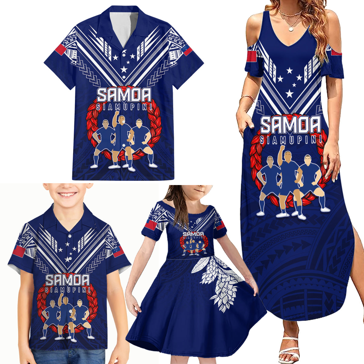 Personalised Samoa Rugby Family Matching Summer Maxi Dress and Hawaiian Shirt World Cup 2023 Siamupini Siva Tau - Wonder Print Shop