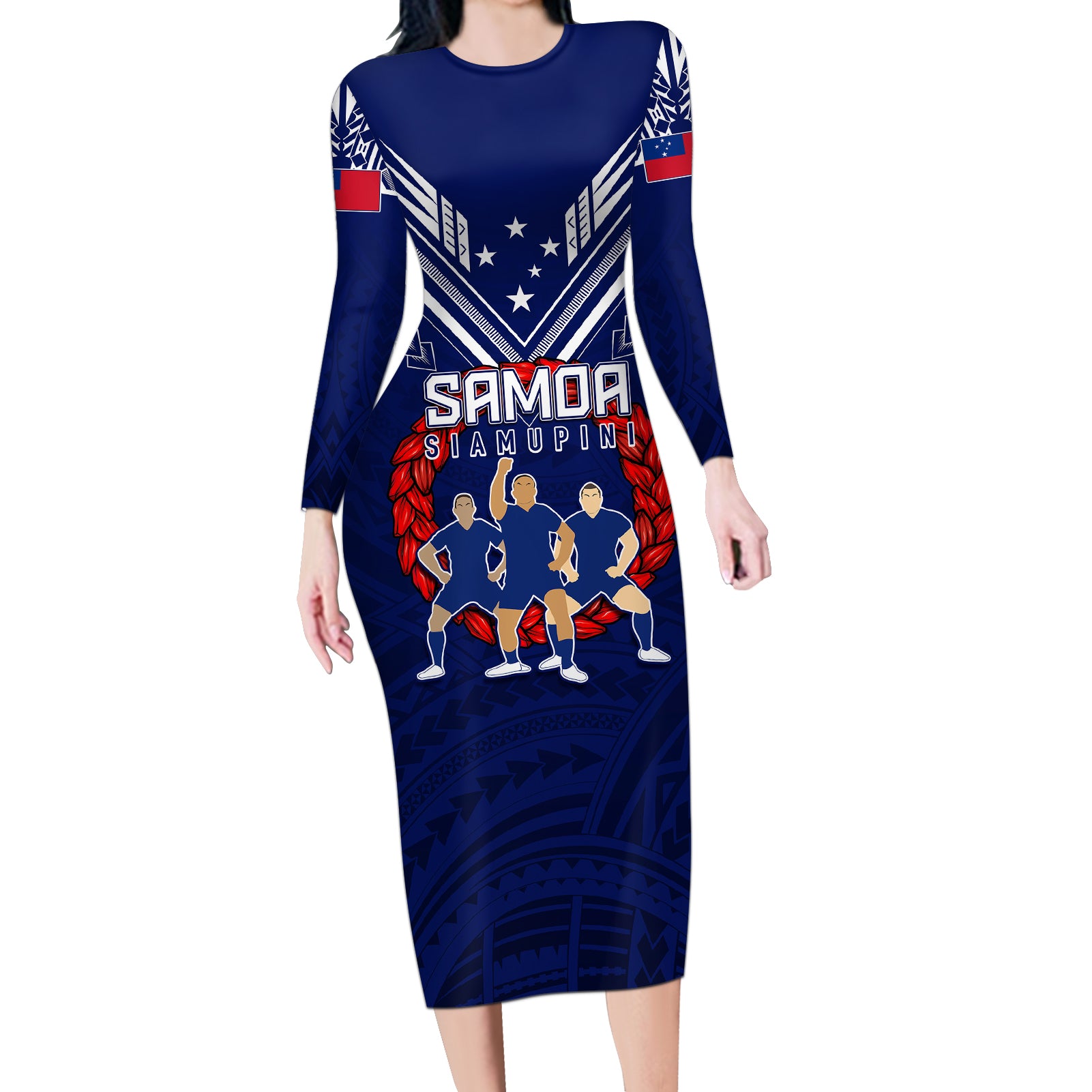 Personalised Samoa Rugby Long Sleeve Bodycon Dress World Cup 2023 Siamupini Siva Tau - Wonder Print Shop