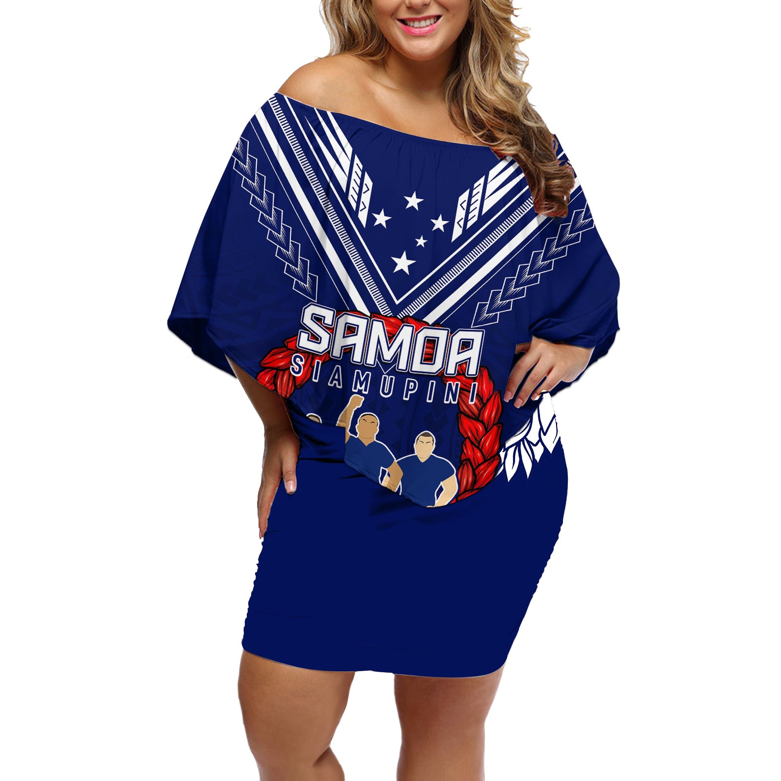 Personalised Samoa Rugby Off Shoulder Short Dress World Cup 2023 Siamupini Siva Tau - Wonder Print Shop