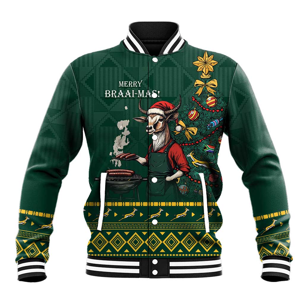 Green Christmas baseball jacket with striped ribbed cuffs and Merry Braai-mas graphic