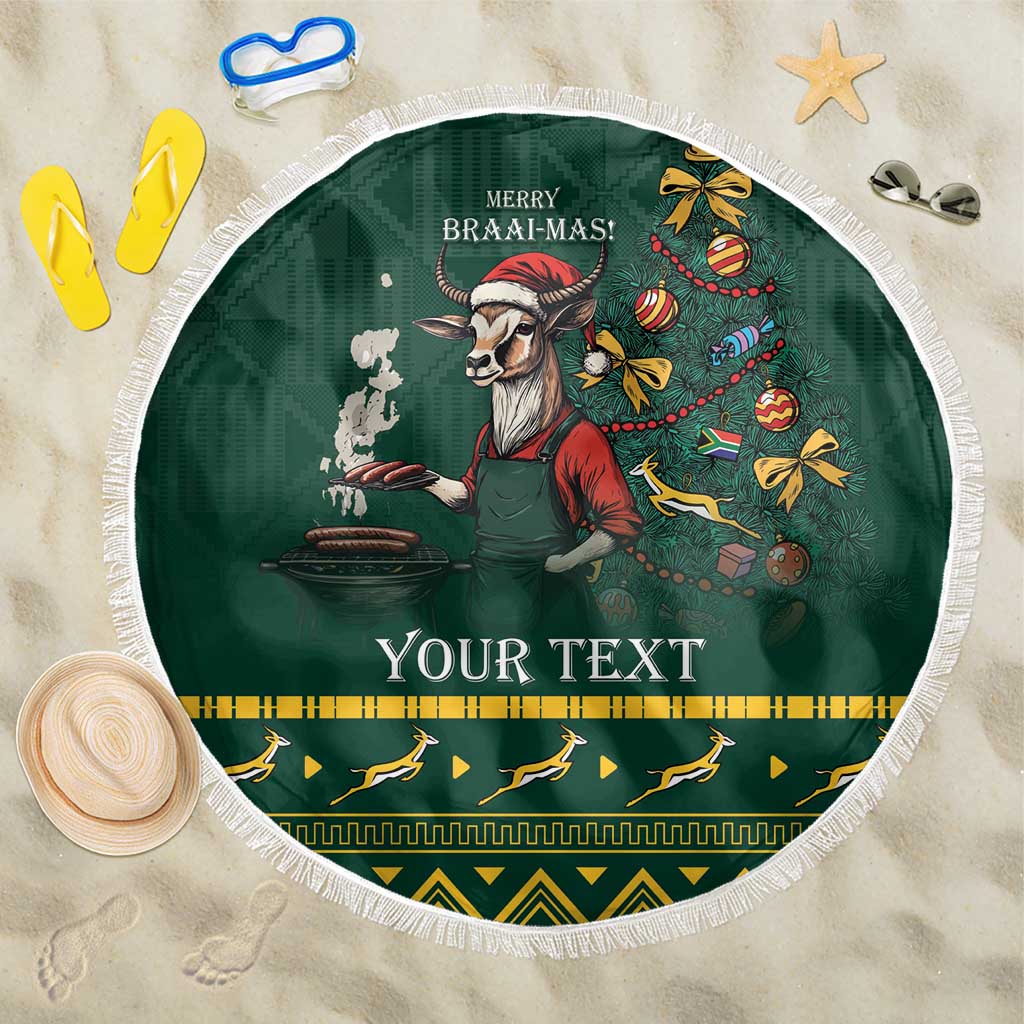 Green round beach blanket with tassel fringe, Bokke Christmas grill art and “Your Text”