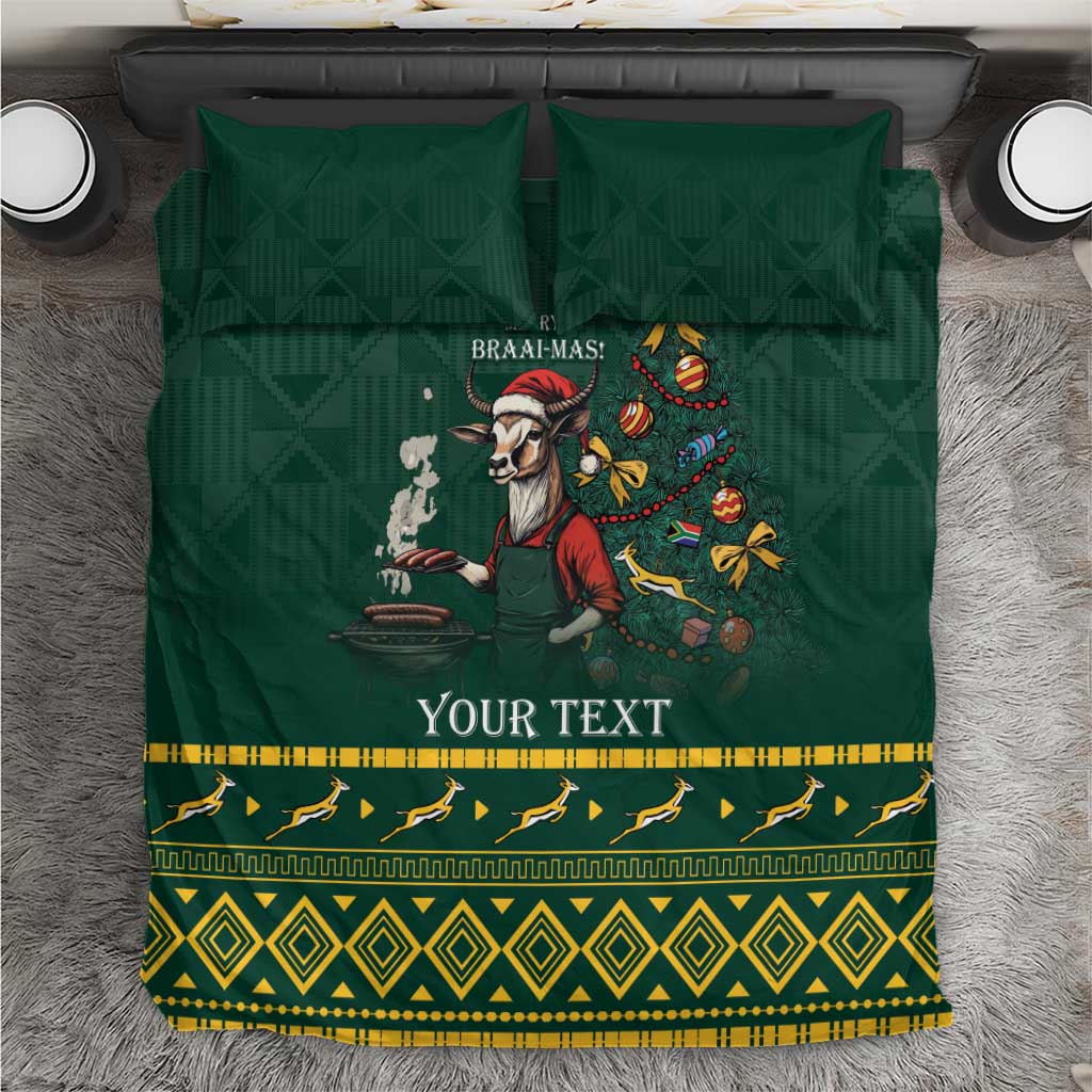 Green Christmas bedding set with cartoon braai scene, pine-tree graphic, and yellow border trim