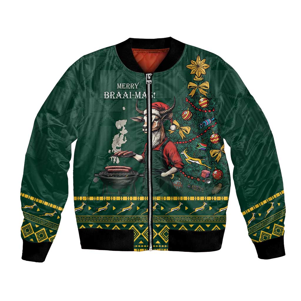 Green unisex bomber jacket with Merry Braai-mas graphics, zip front, ribbed cuffs and hem