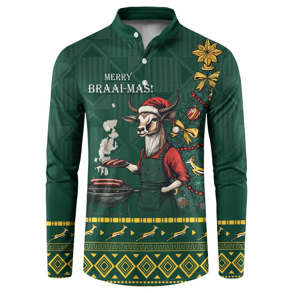 Dark green button-front sweatshirt with Merry Braai-mas and festive grill graphic