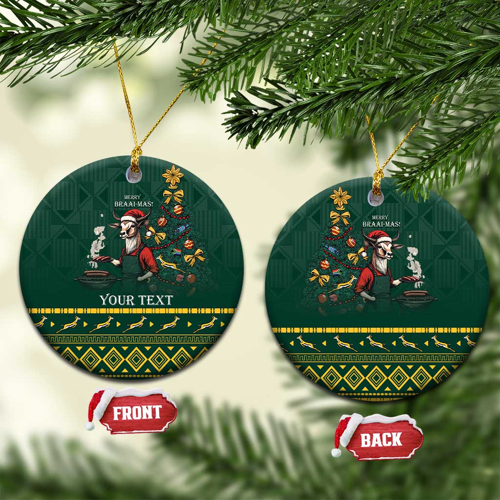 Personalised green ceramic round Christmas ornament with gold hook, illustration and 'Your Text'.