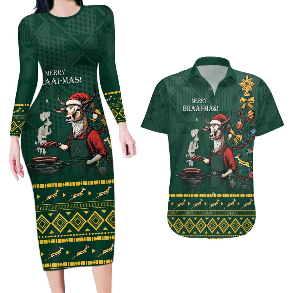 Personalised South Africa Christmas Couples Matching Long Sleeve Bodycon Dress and Hawaiian Shirt Bokke Merry Braai-mas LT7 - Wonder Print Shop