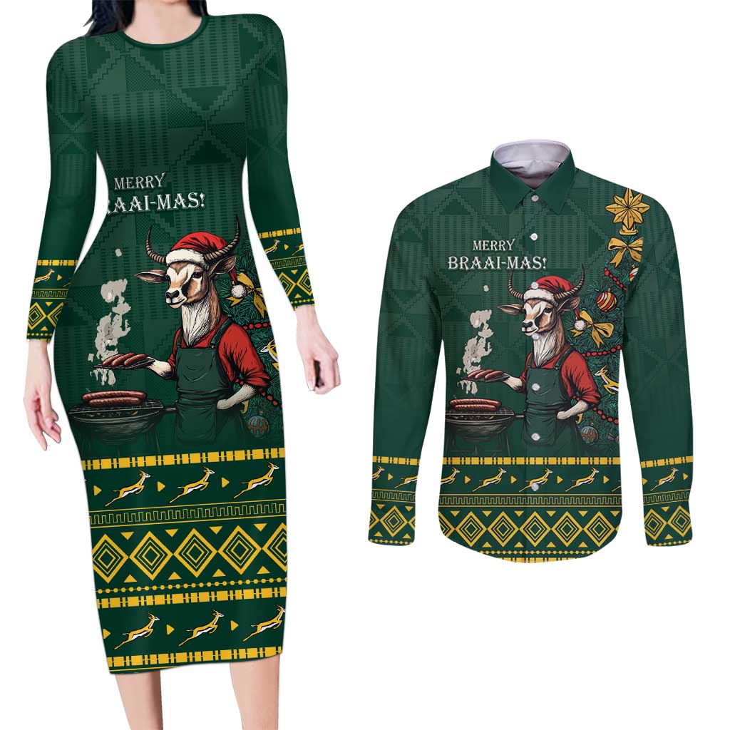 Personalised South Africa Christmas Couples Matching Long Sleeve Bodycon Dress and Long Sleeve Button Shirt Bokke Merry Braai-mas LT7 - Wonder Print Shop