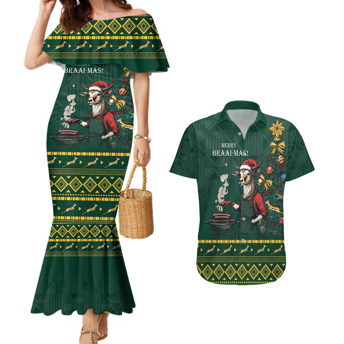 Personalised South Africa Christmas Couples Matching Mermaid Dress and Hawaiian Shirt Bokke Merry Braai-mas LT7 - Wonder Print Shop