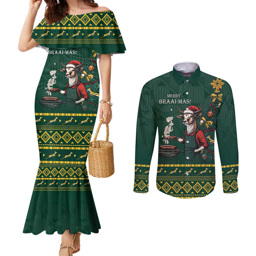 Personalised South Africa Christmas Couples Matching Mermaid Dress and Long Sleeve Button Shirt Bokke Merry Braai-mas