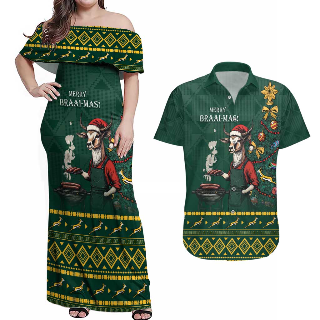 Personalised South Africa Christmas Couples Matching Off Shoulder Maxi Dress and Hawaiian Shirt Bokke Merry Braai-mas LT7 - Wonder Print Shop