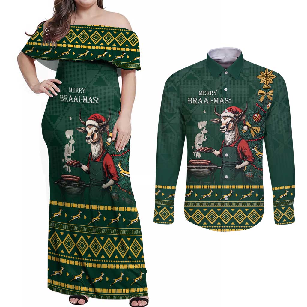 Personalised South Africa Christmas Couples Matching Off Shoulder Maxi Dress and Long Sleeve Button Shirt Bokke Merry Braai-mas LT7 - Wonder Print Shop