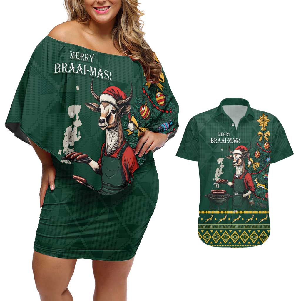 Personalised South Africa Christmas Couples Matching Off Shoulder Short Dress and Hawaiian Shirt Bokke Merry Braai-mas LT7 - Wonder Print Shop