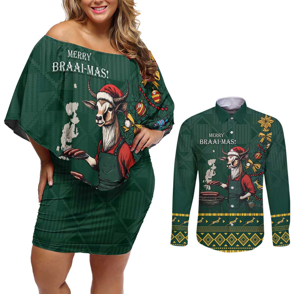 Personalised South Africa Christmas Couples Matching Off Shoulder Short Dress and Long Sleeve Button Shirt Bokke Merry Braai-mas LT7 - Wonder Print Shop