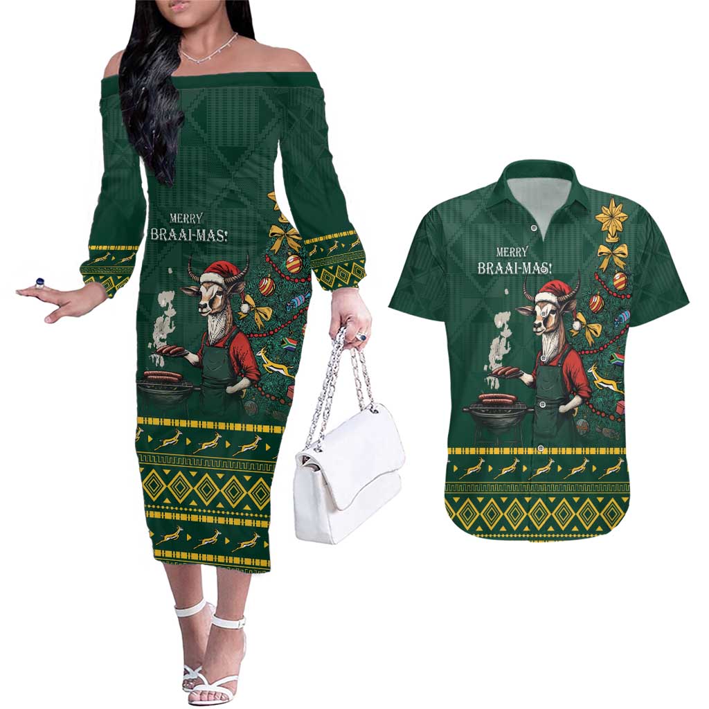 Personalised South Africa Christmas Couples Matching Off The Shoulder Long Sleeve Dress and Hawaiian Shirt Bokke Merry Braai-mas LT7 - Wonder Print Shop