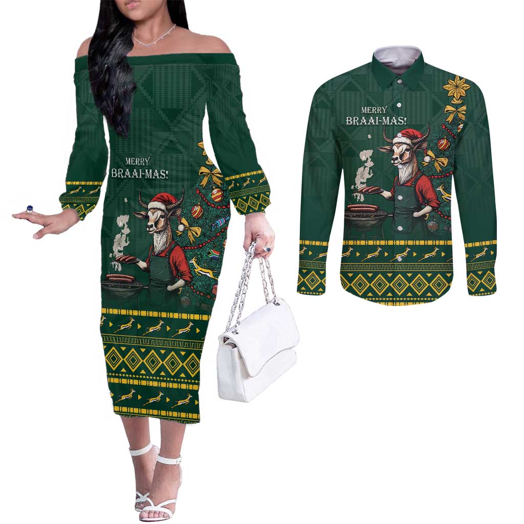 Personalised South Africa Christmas Couples Matching Off The Shoulder Long Sleeve Dress and Long Sleeve Button Shirt Bokke Merry Braai-mas