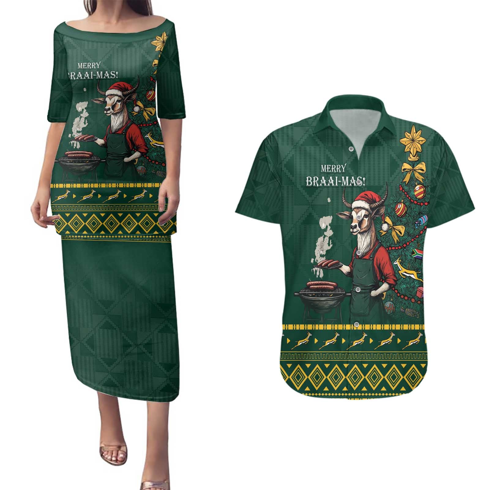 Personalised South Africa Christmas Couples Matching Puletasi and Hawaiian Shirt Bokke Merry Braai-mas LT7 - Wonder Print Shop