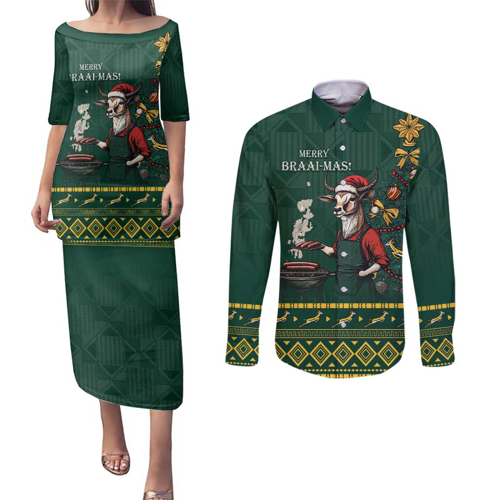 Personalised South Africa Christmas Couples Matching Puletasi and Long Sleeve Button Shirt Bokke Merry Braai-mas LT7 - Wonder Print Shop