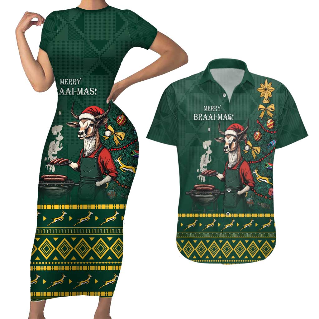 Personalised South Africa Christmas Couples Matching Short Sleeve Bodycon Dress and Hawaiian Shirt Bokke Merry Braai-mas LT7 - Wonder Print Shop