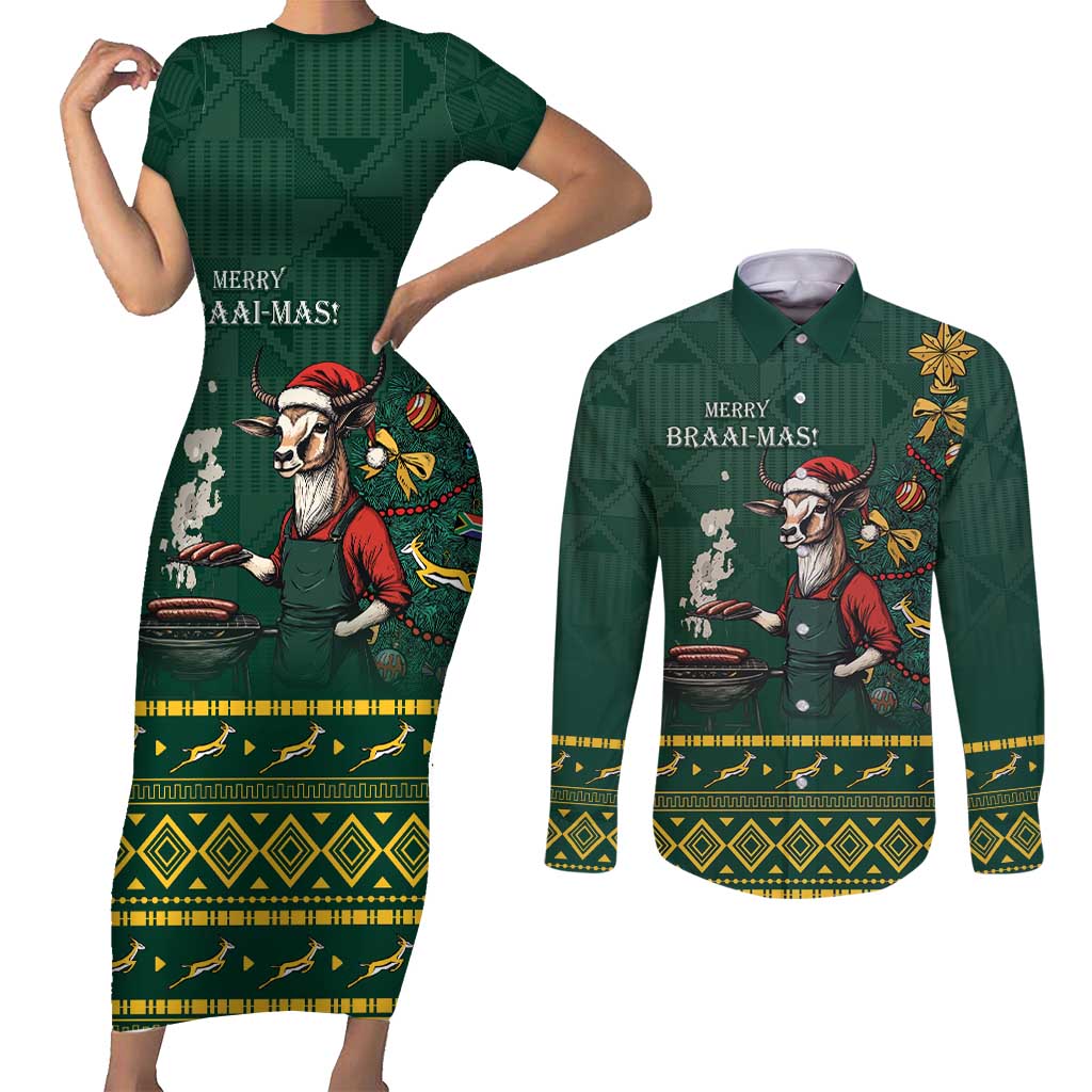 Personalised South Africa Christmas Couples Matching Short Sleeve Bodycon Dress and Long Sleeve Button Shirt Bokke Merry Braai-mas LT7 - Wonder Print Shop