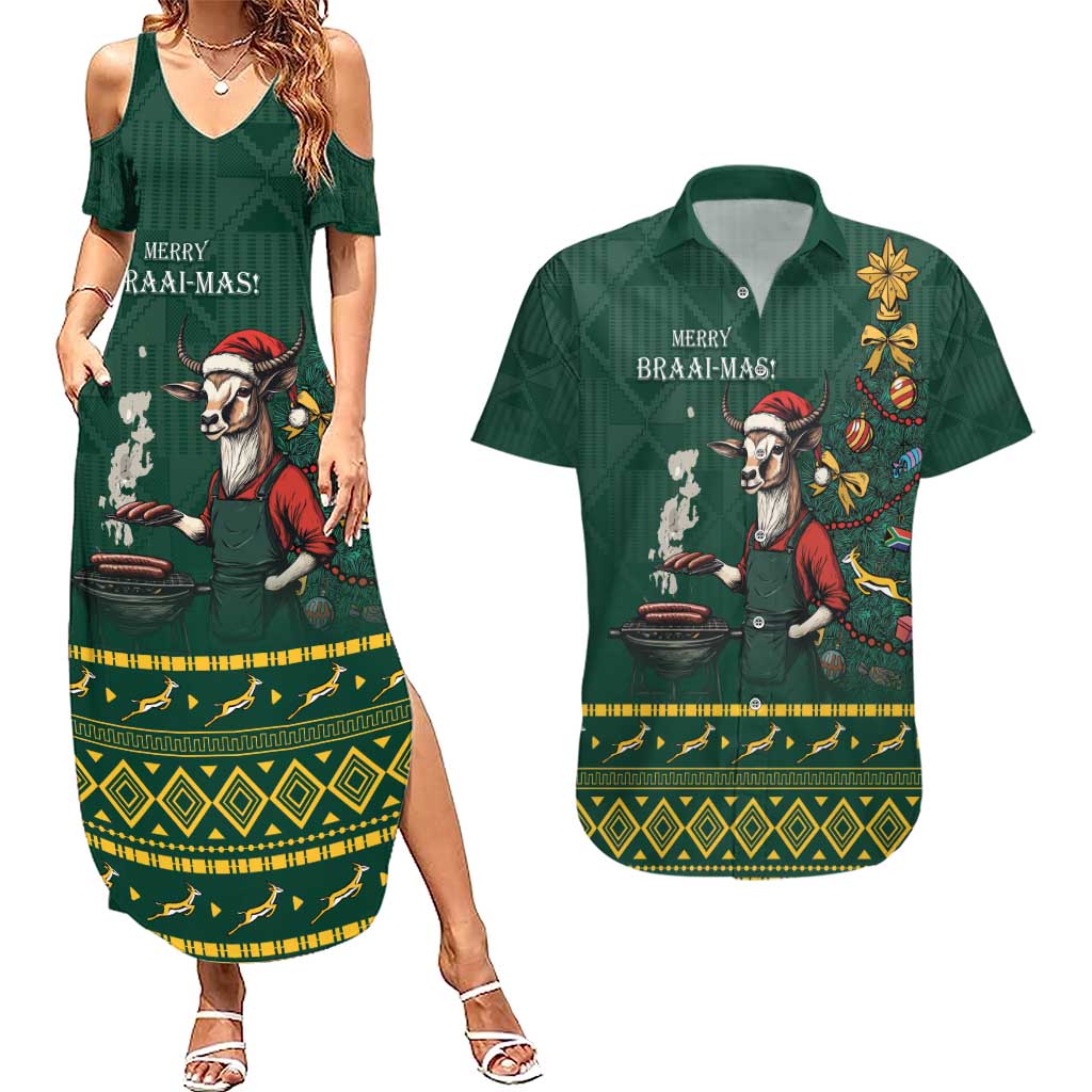 Personalised South Africa Christmas Couples Matching Summer Maxi Dress and Hawaiian Shirt Bokke Merry Braai-mas LT7 - Wonder Print Shop