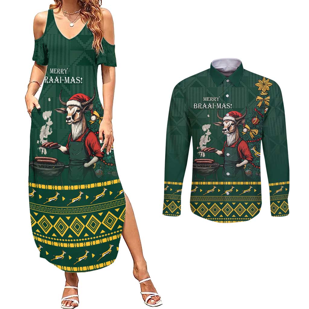 Personalised South Africa Christmas Couples Matching Summer Maxi Dress and Long Sleeve Button Shirt Bokke Merry Braai-mas LT7 - Wonder Print Shop