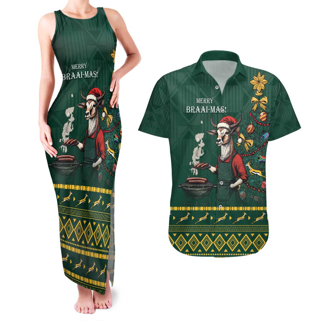 Personalised South Africa Christmas Couples Matching Tank Maxi Dress and Hawaiian Shirt Bokke Merry Braai-mas LT7 - Wonder Print Shop