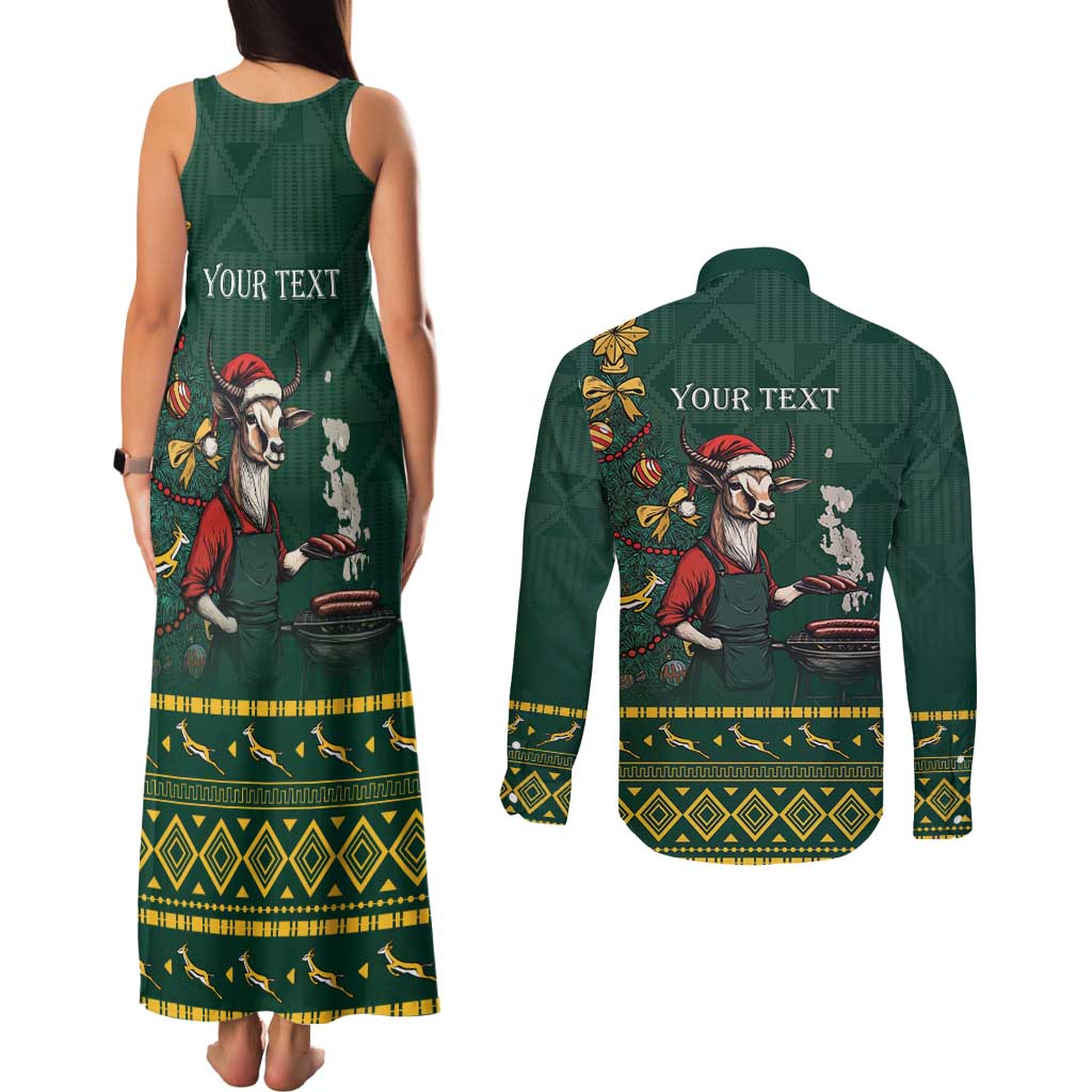 Personalised South Africa Christmas Couples Matching Tank Maxi Dress and Long Sleeve Button Shirt Bokke Merry Braai-mas LT7 - Wonder Print Shop