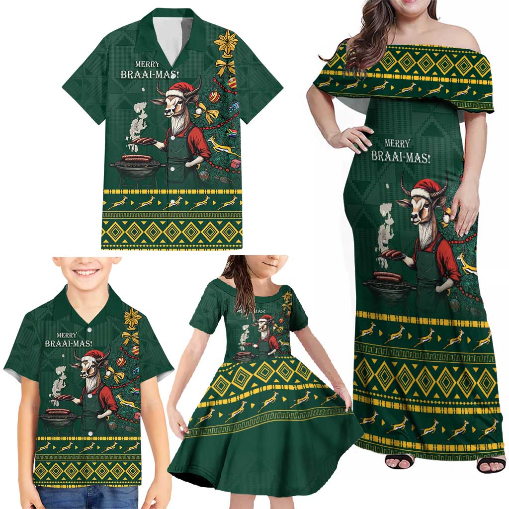 Personalised South Africa Christmas Family Matching Off Shoulder Maxi Dress and Hawaiian Shirt Bokke Merry Braai-mas LT7 - Wonder Print Shop