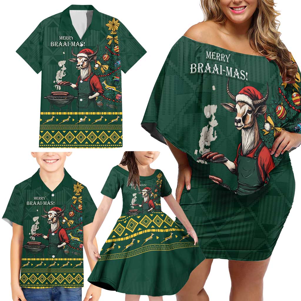 Personalised South Africa Christmas Family Matching Off Shoulder Short Dress and Hawaiian Shirt Bokke Merry Braai-mas LT7 - Wonder Print Shop