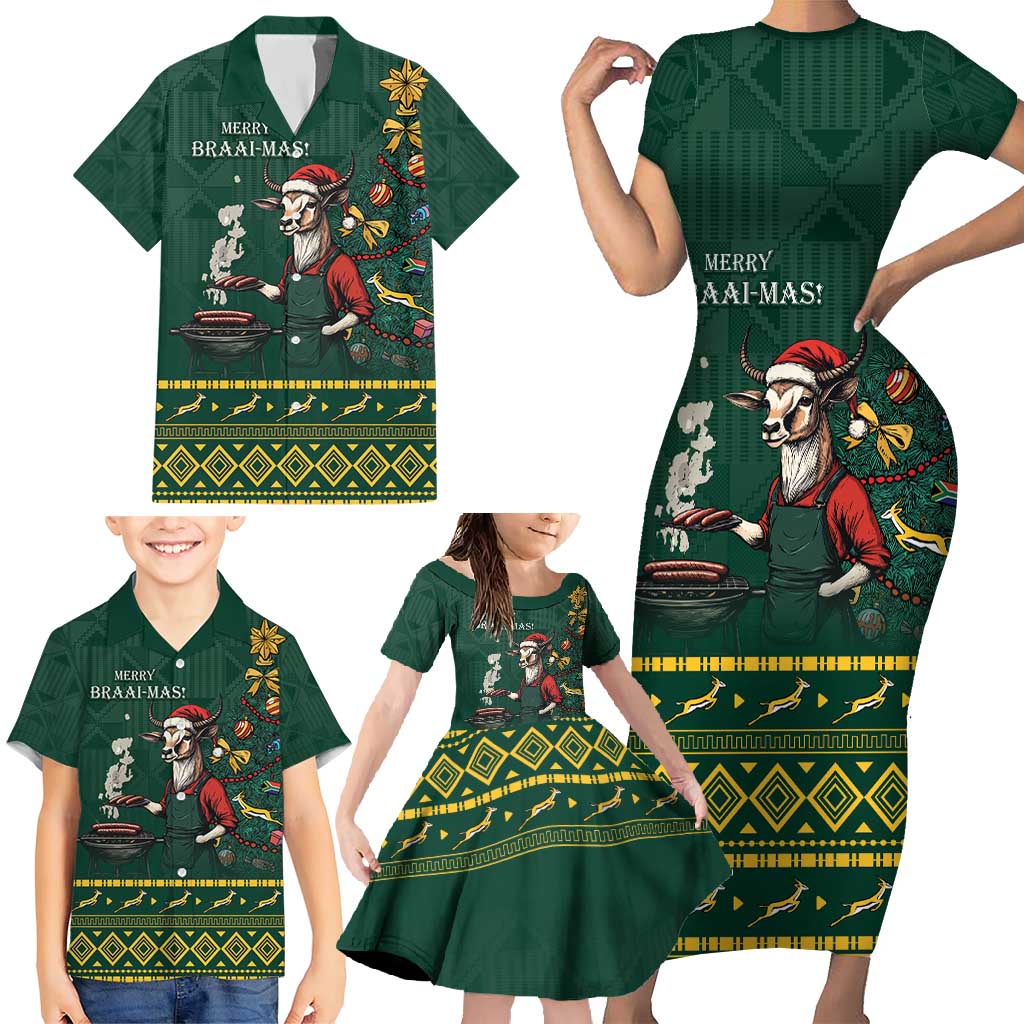 Personalised South Africa Christmas Family Matching Short Sleeve Bodycon Dress and Hawaiian Shirt Bokke Merry Braai-mas - Wonder Print Shop