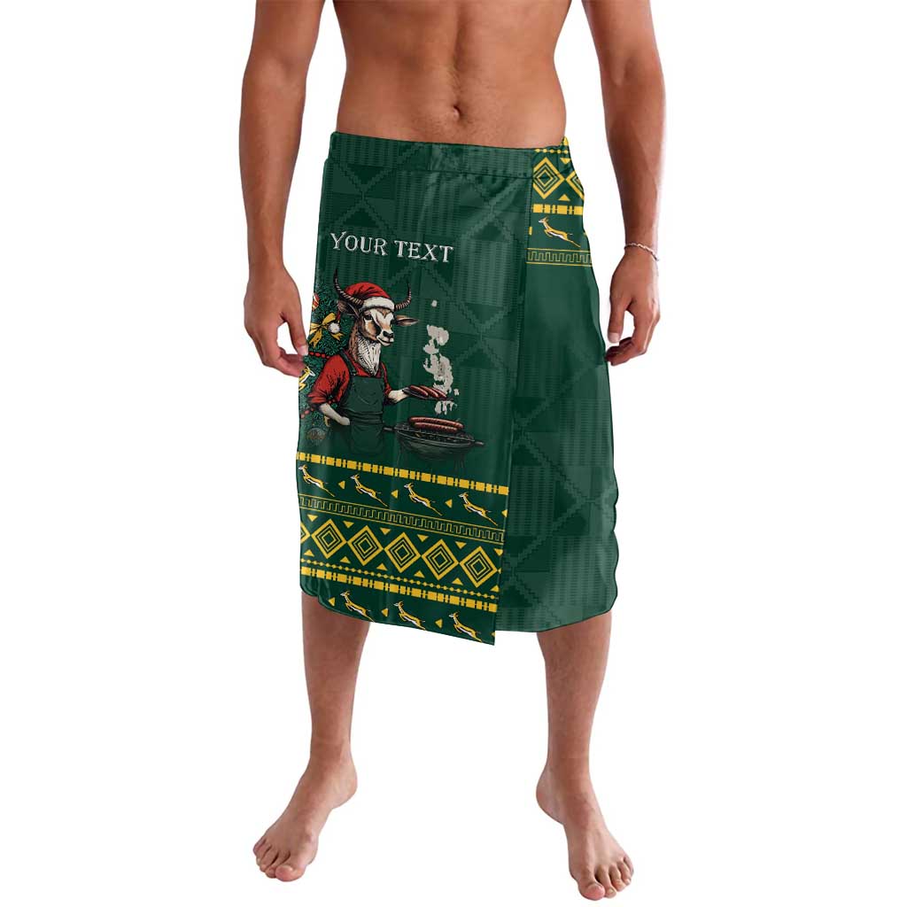 Green personalised lavalava with front graphic and yellow trim