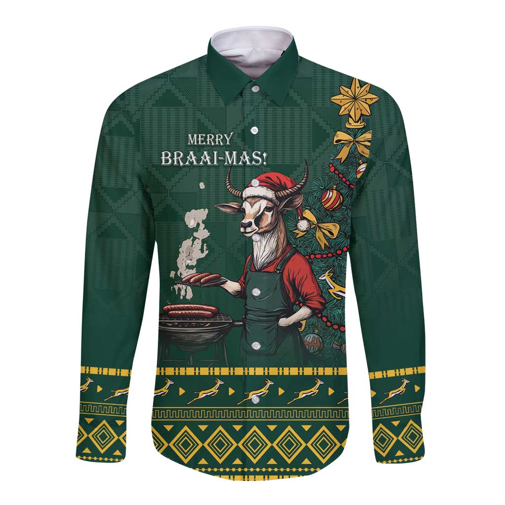Green long-sleeve button shirt with festive bull and 'Merry Braai-mas' graphic