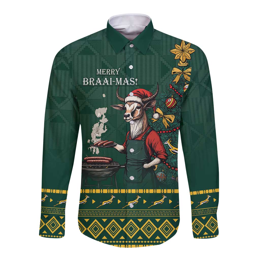 Personalised South Africa Christmas Long Sleeve Button Shirt Bokke Merry Braai-mas - Wonder Print Shop