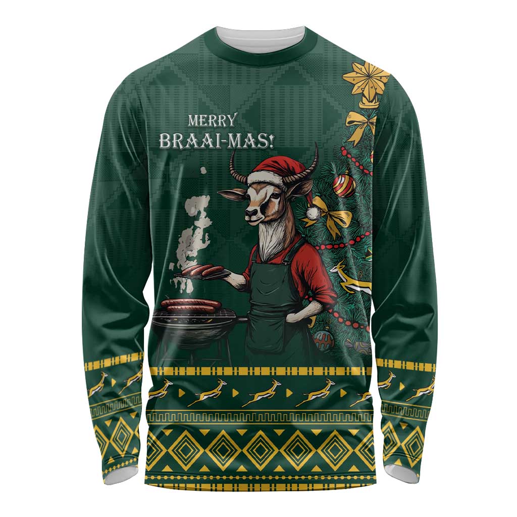 Personalised South Africa Christmas Long Sleeve Shirt Bokke Merry Braai-mas - Wonder Print Shop