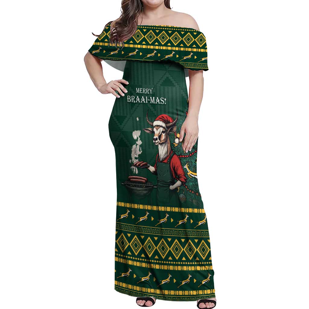 Personalised South Africa Christmas Off Shoulder Maxi Dress Bokke Merry Braai-mas - Wonder Print Shop