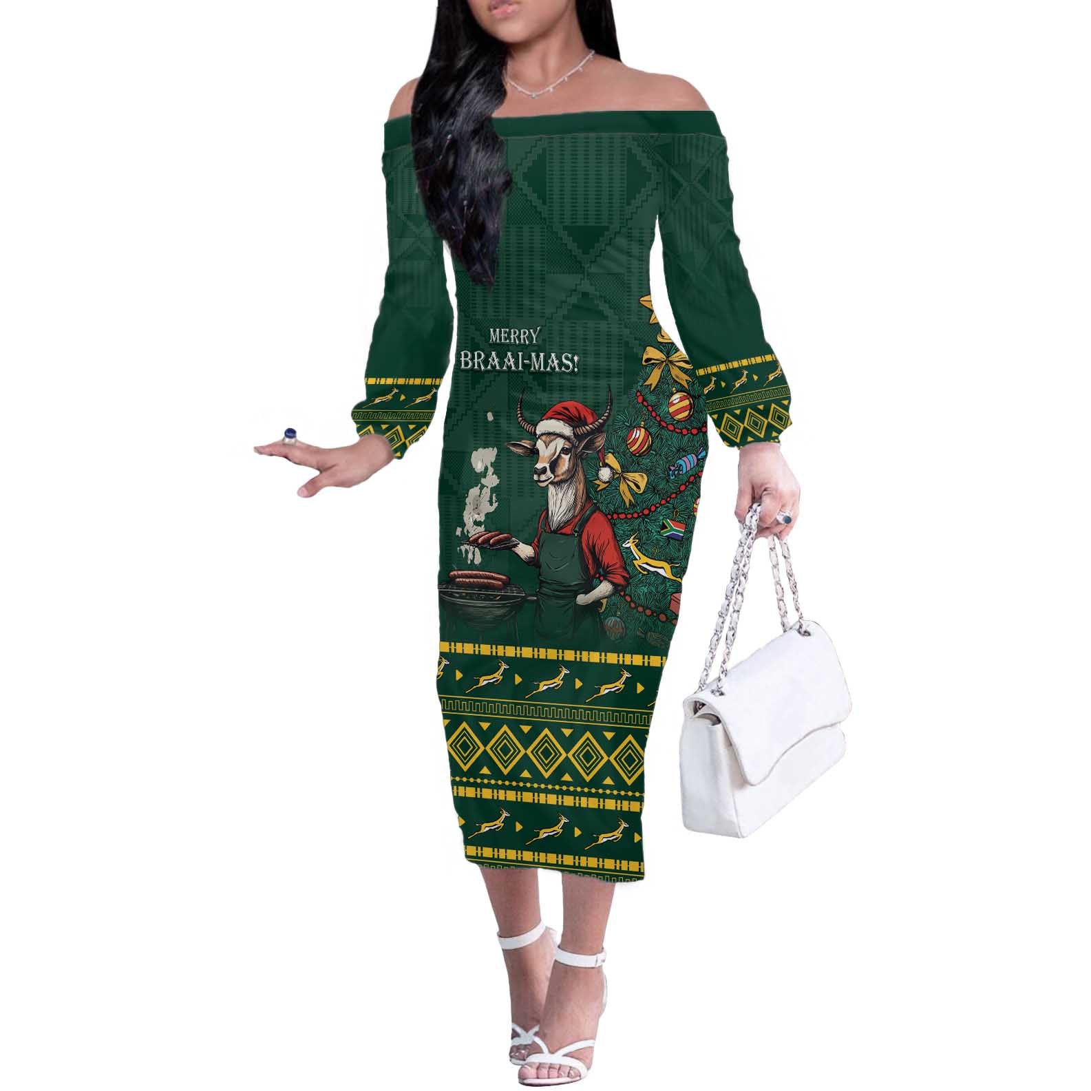 Personalised South Africa Christmas Off The Shoulder Long Sleeve Dress Bokke Merry Braai-mas - Wonder Print Shop