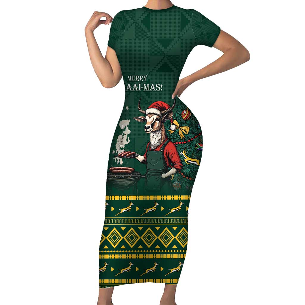 Personalised South Africa Christmas Short Sleeve Bodycon Dress Bokke Merry Braai-mas - Wonder Print Shop