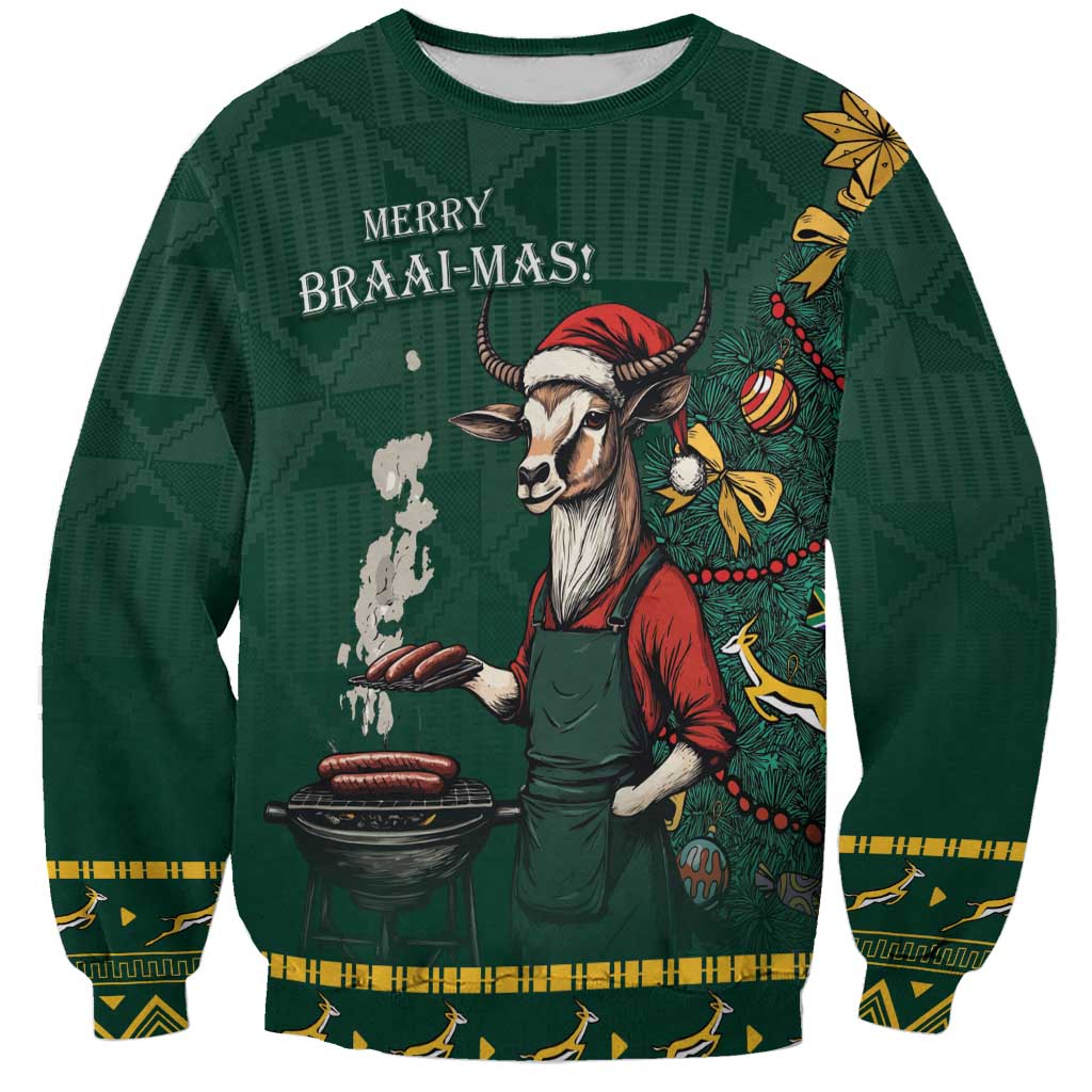 Green unisex Christmas sweatshirt with “MERRY BRAM-MAS!” bok and braai grill graphic