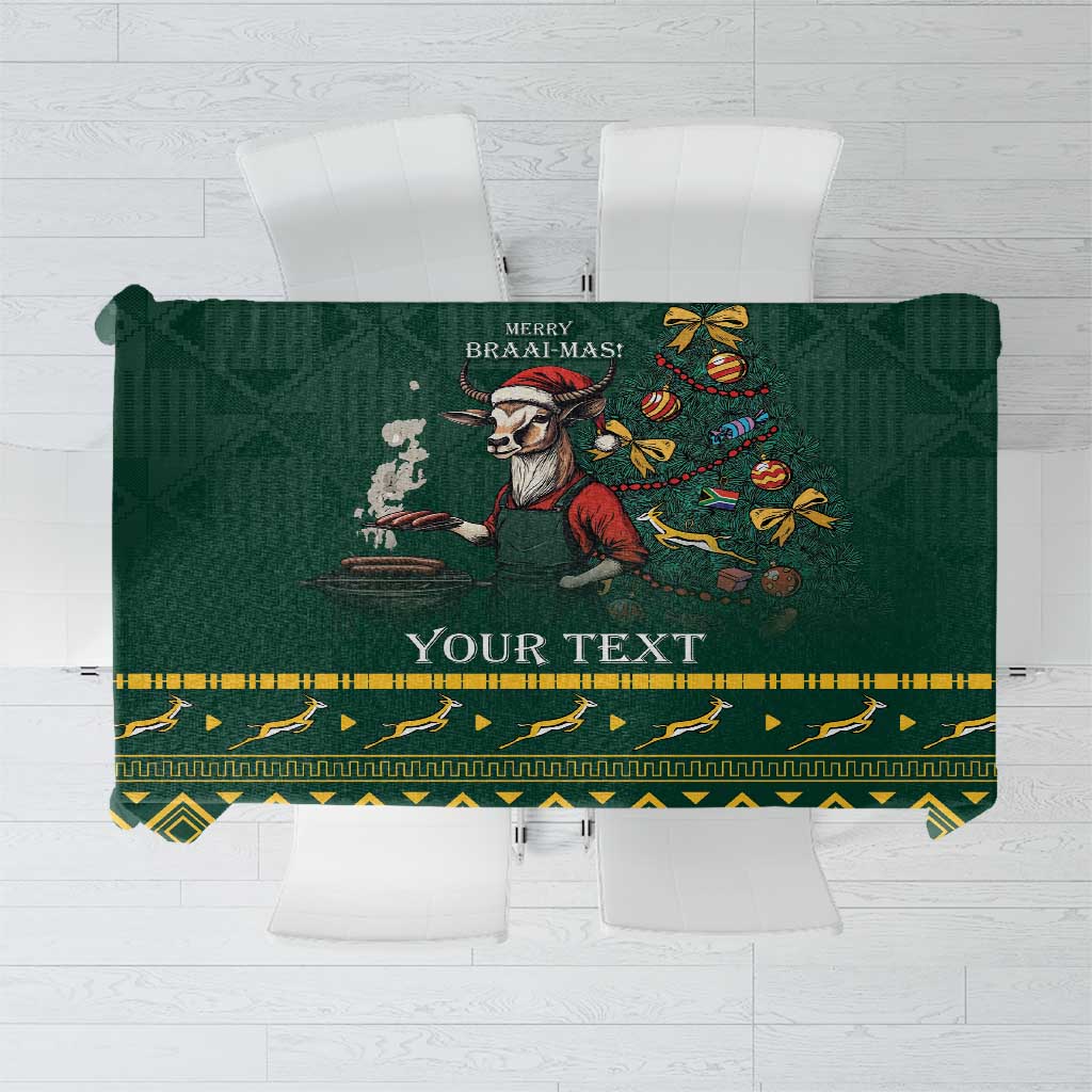 Green Christmas tablecloth with Merry Braai-mas graphic and space for custom text