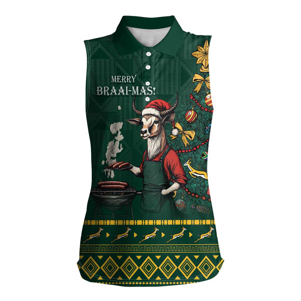 Personalised South Africa Christmas Women Sleeveless Polo Shirt Bokke Merry Braai-mas - Wonder Print Shop