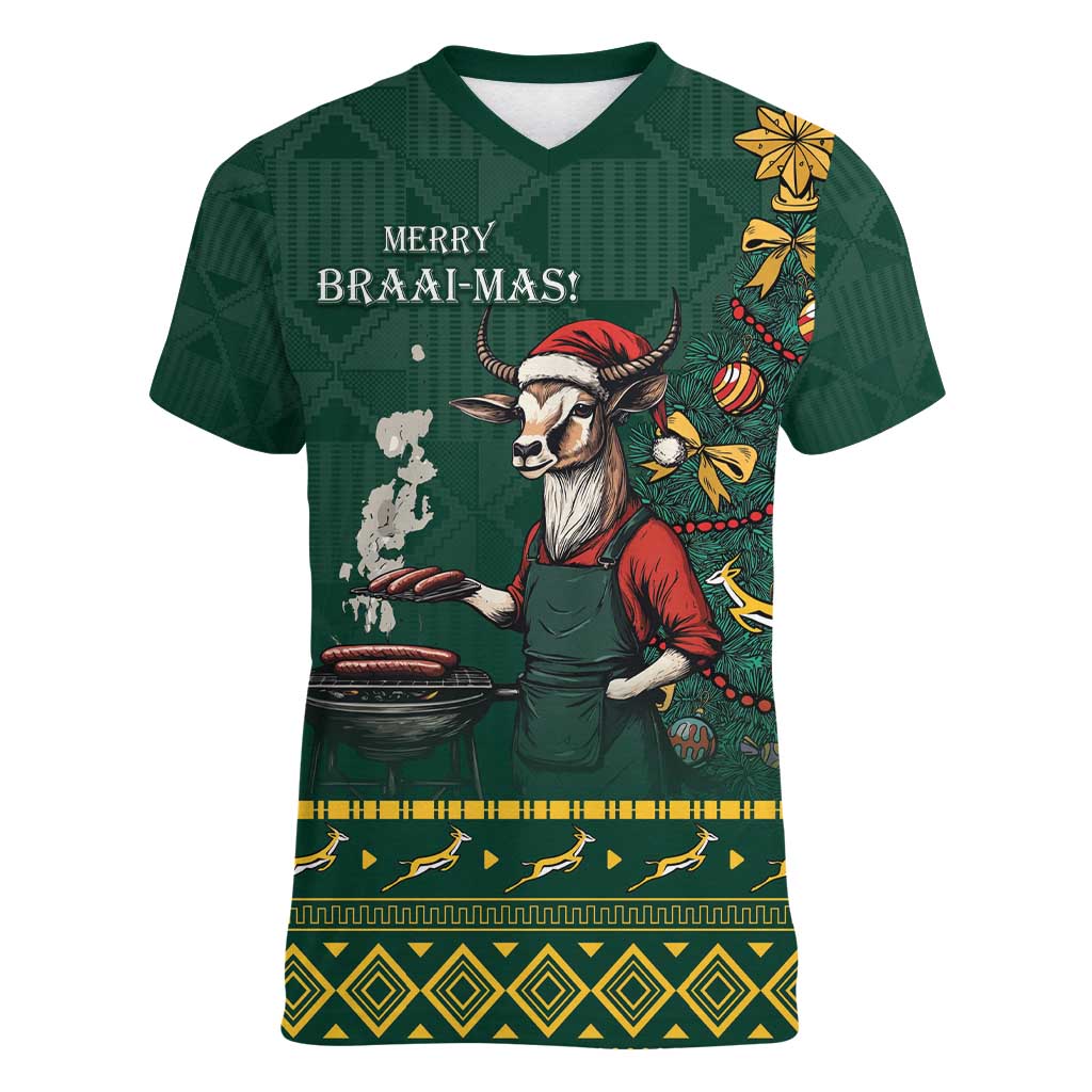 Personalised South Africa Christmas Women V-Neck T-Shirt Bokke Merry Braai-mas - Wonder Print Shop