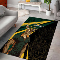 Personalised area rug, black with green stripes, yellow border, springbok and "YOUR TEXT".