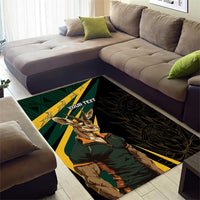 Personalised area rug, black with green/yellow springbok artwork and "YOUR TEXT".