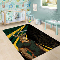 Personalised area rug, black with green and yellow springbok graphic and "YOUR TEXT".