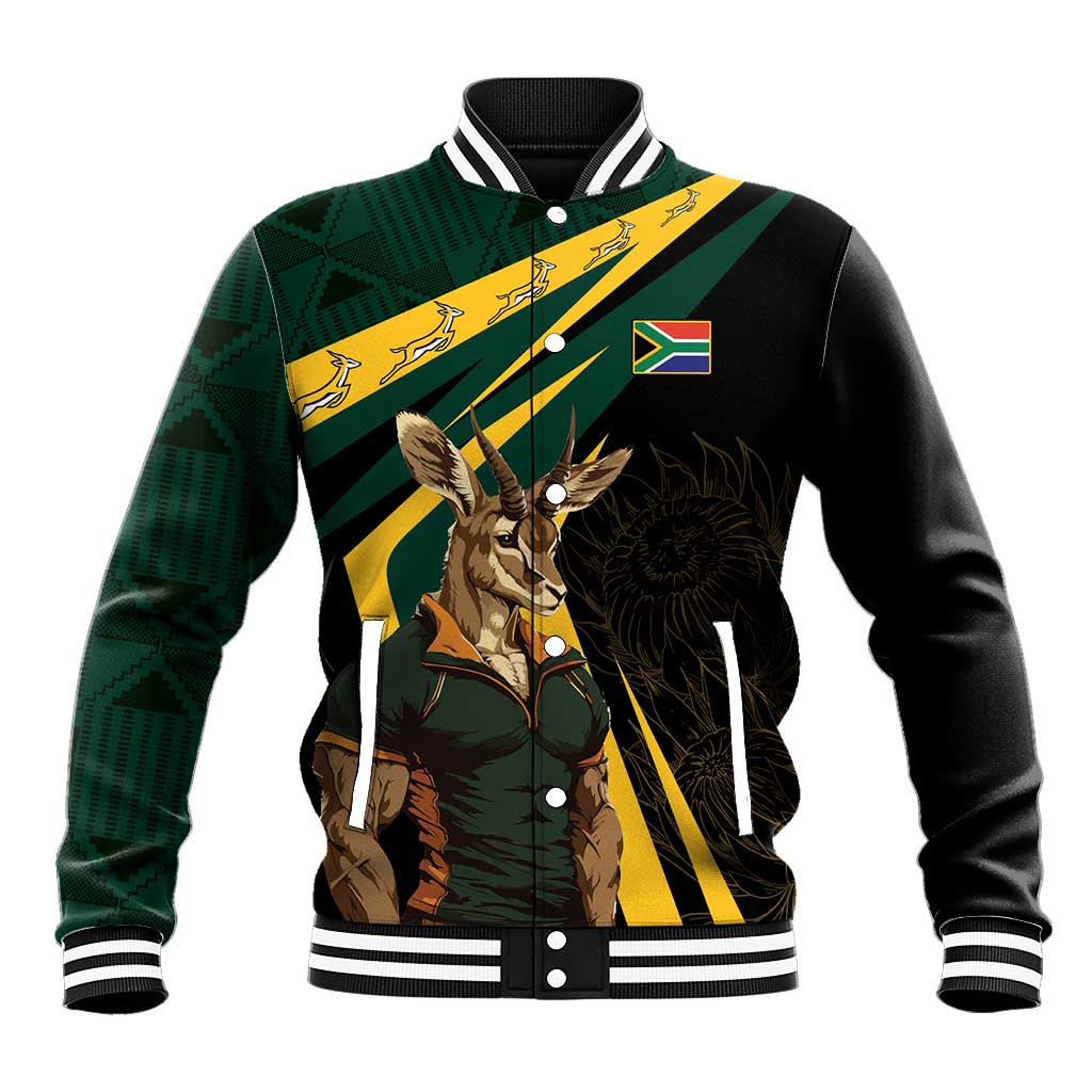 Black varsity baseball jacket with green/yellow Springbok mascot graphic, ribbed cuffs