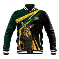 Black varsity baseball jacket with green/yellow Springbok mascot graphic, ribbed cuffs