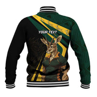 Black baseball jacket back with green/yellow Springbok art and 'YOUR TEXT', ribbed hem