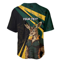 Dark baseball jersey with green-yellow stripe, Springbok mascot and 'YOUR TEXT' graphic